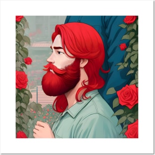 red hair beard guy in flower garden sticker Posters and Art